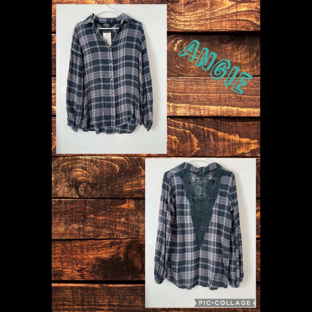 Angie plaid dark wash button down shirt